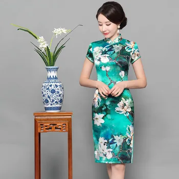 

2020 New Classic Silk Cheongsam Elegant Printed Floral Chinese Dress Short Slim Mandarin Collar Qipao Vestidos Plus Size S-3XL