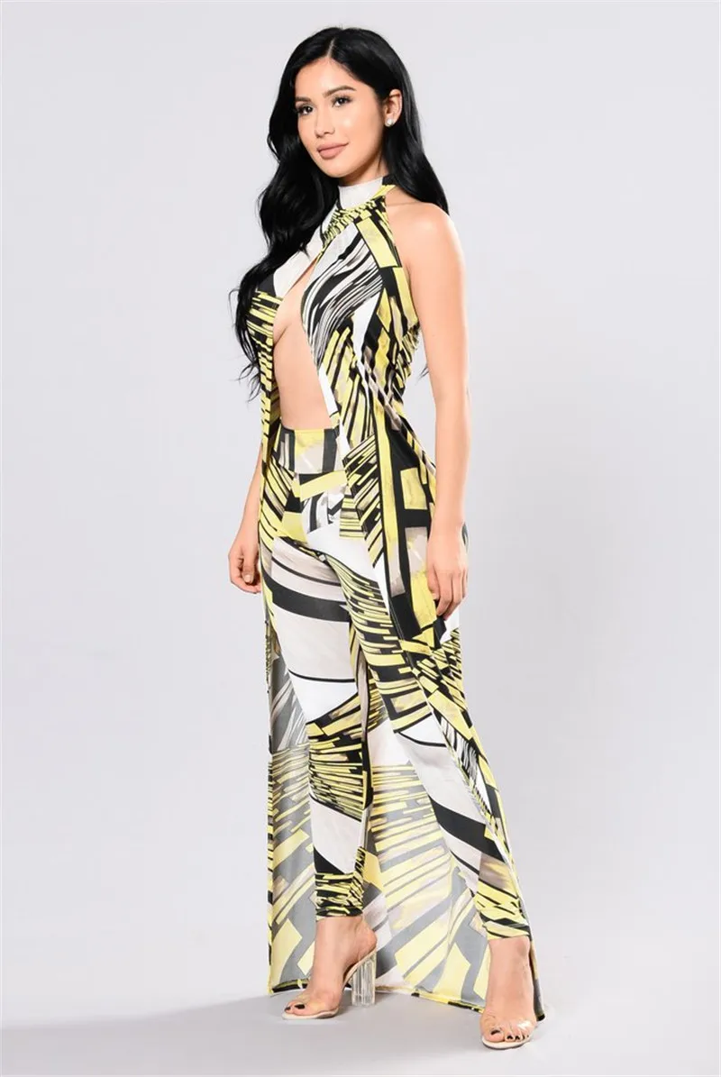 حزب النادي مثير 2 قطعة مجموعة النساء الخريف الأزياء الرسن طويل قمم عارية الذراعين سترة معطف + المطبوعة طماق السيدات بنطلون الدعاوى