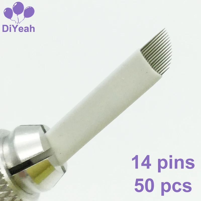

50PCS 14 Pins Permanent Makeup Eyebrow Tatoo Bevel Blade Microblading Needles For 3D Embroidery Manual Tattoo Pen Machine White
