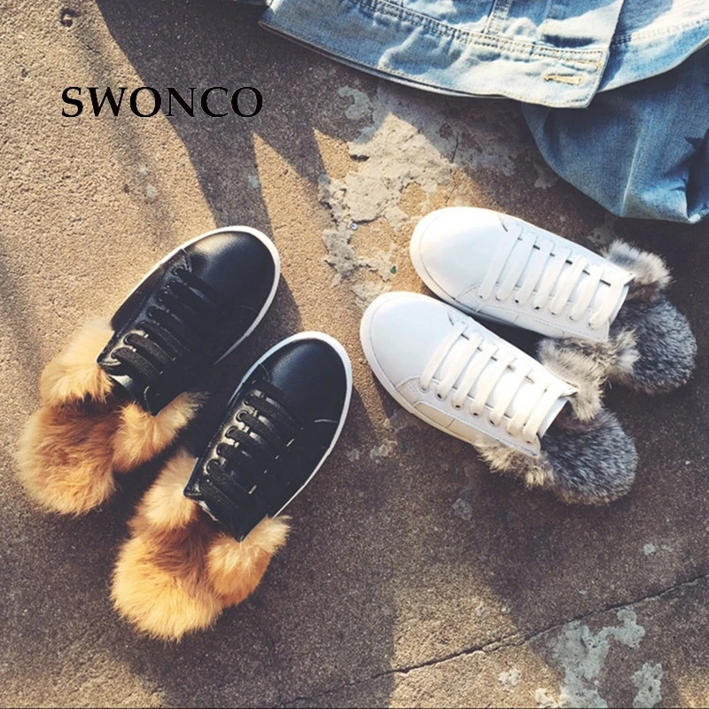 

SWONCO Women's Casual Half Shoes Korean Style Girl Winter Sneakers Women Shoes Flat Leather Fur Warm Plush Woman Winter Shoe