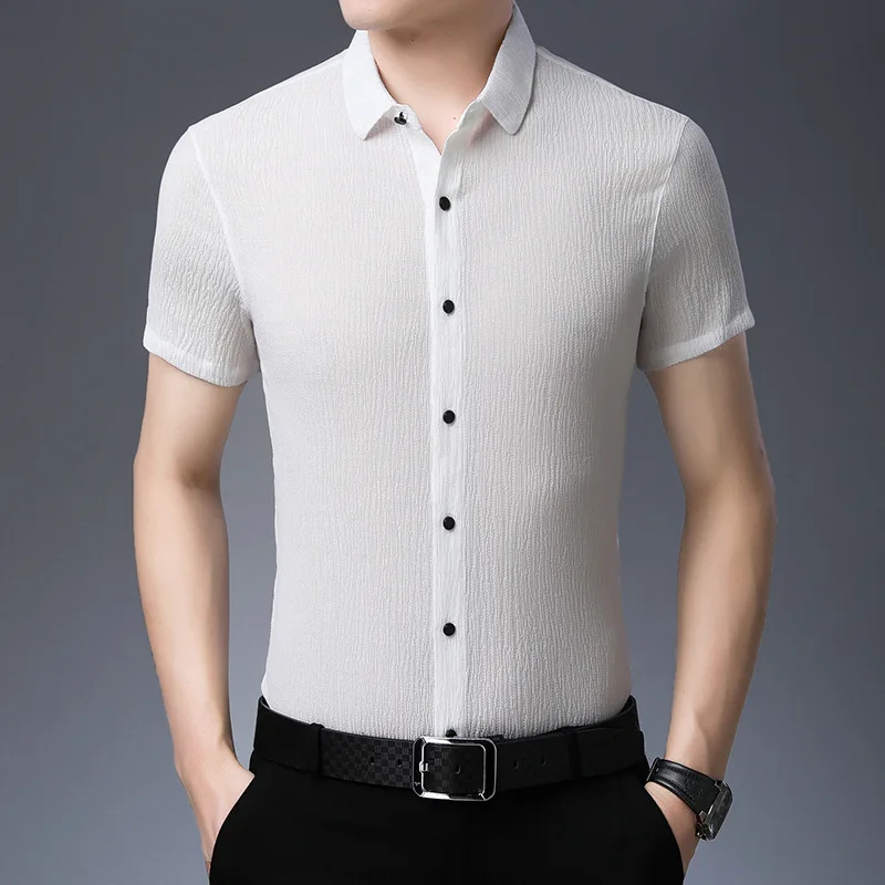 Сейчас Популярная Новая летняя тонкая мужская рубашка Мужская модная Однотонная рубашка из бамбукового волокна Мужская рубашка с