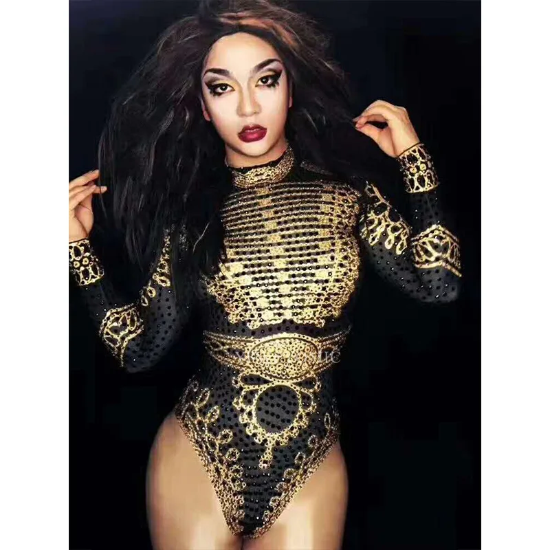 

2019 Glisten Black Gold Crystal Bodysuit Women's Long Sleeves Outfit Dance Stage Show Nightclub Costume Singer nice Leotard Wear