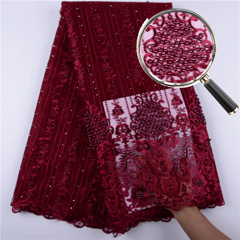 

Wine Red African Lace Fabric 2019 High Quality Nigeria Lace Fabric With Beads Embroidery Tulle French Lace For Women Dress S1399