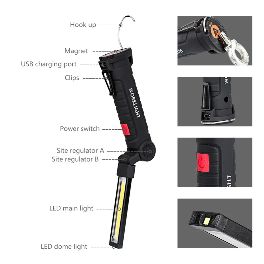 Портативный USB Перезаряжаемый 5 режимов COB флэш-светильник светодиодный рабочий светильник Магнитный COB фонарь Lanterna подвесной фонарь с крюком Открытый Кемпинг