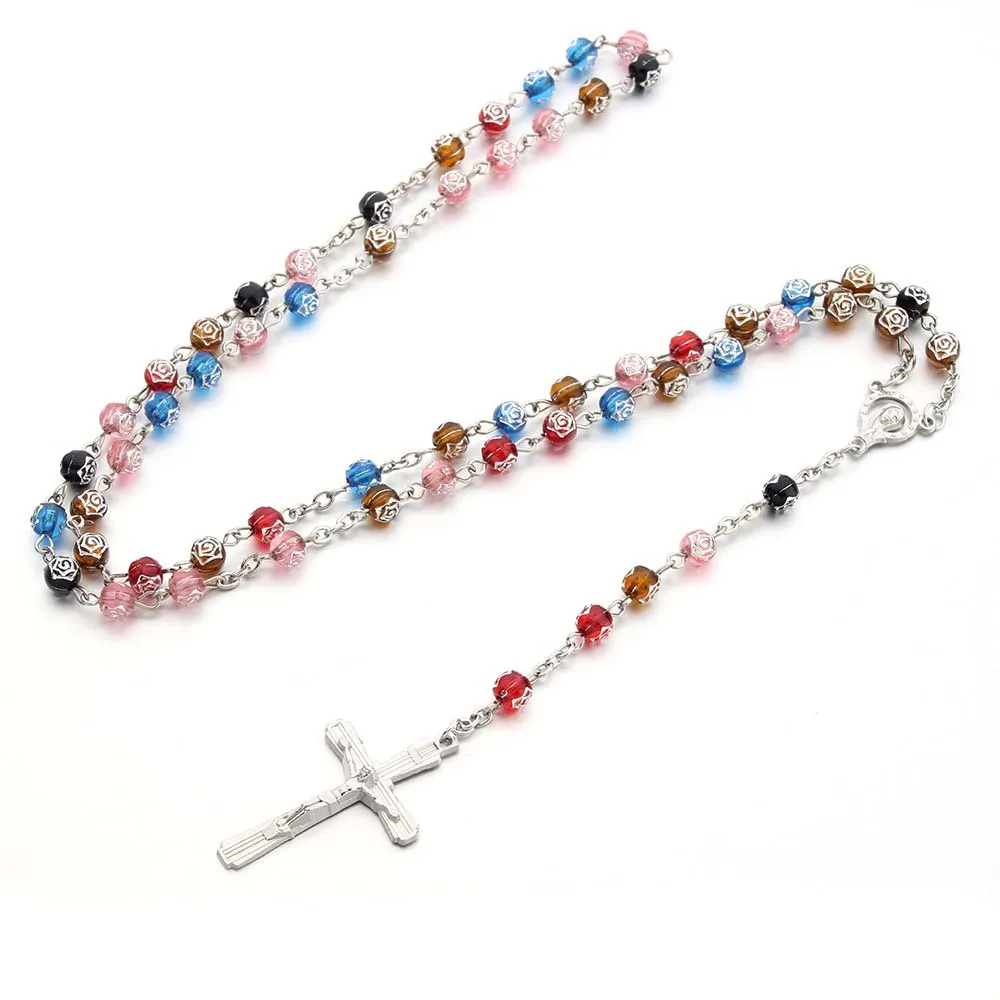 Розовая бусина крест ожерелье христианские католические украшения оптом