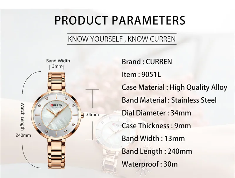 CURREN женские часы водонепроницаемые Лидирующий бренд роскошные серебряные женские часы браслет из нержавеющей стали Классический браслет женские наручные часы 9051