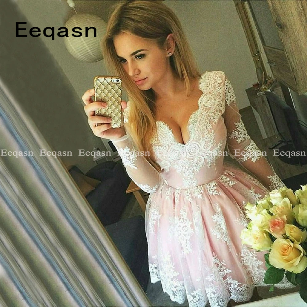 Свадебные платья коктель Паффи линия коктейльные платья Аппликация vestido коктель Потрясающие с v-образным вырезом и длинным рукавом коктейльные платья для Для женщин