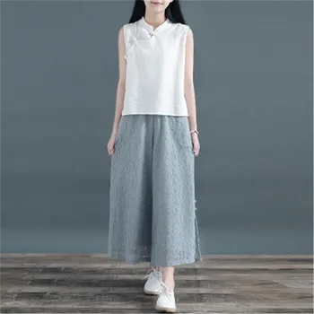 

Women Summer Lace Wide Leg Pants Split Button Loose Large Size Elastic Waist Nine Pants Solid Casual Pants Female Bottoms