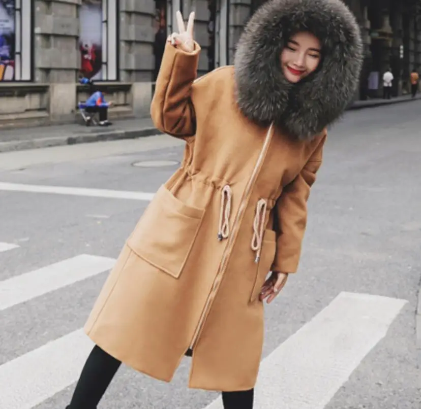 

Autumn and winter long-sleeved hooded large fur collar wool coat women's spring long blended Parker coat jacket
