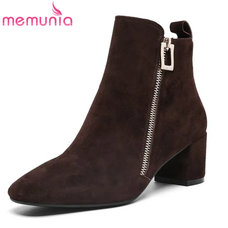 

MEMUNIA hot sale suede leather boots woman fashion autumn winter boots female zip solid ankle boots for women pointed toe shoes