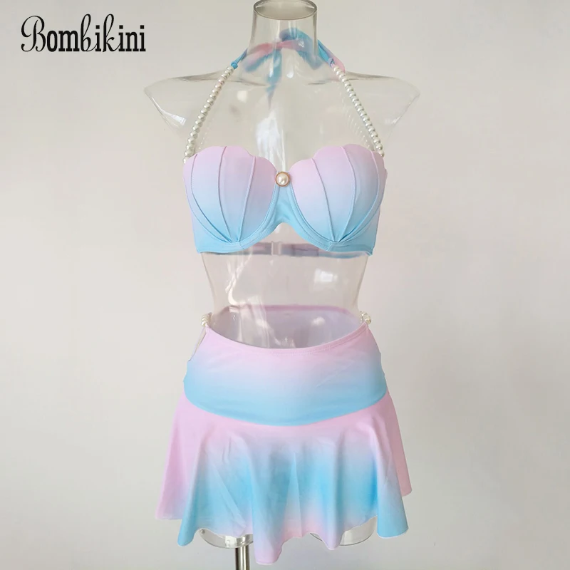 Artificial Pearls Swimsuits Mermaid Shell Bra Bikinis Set High Waist Swim Dress Push Up Swimwear Women