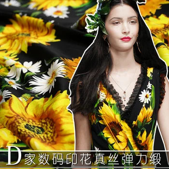 

Sunflower printing crepe de chine silk fabric / silk stretch fabric summer silk fabric for dress natural silk cloth