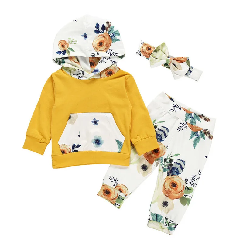 

Floral Toddler Baby Girls Clothes Set Spring Autumn Girls Long Sleeves Romper Tops Long Pants Headbands Tracksuit Set Outfits