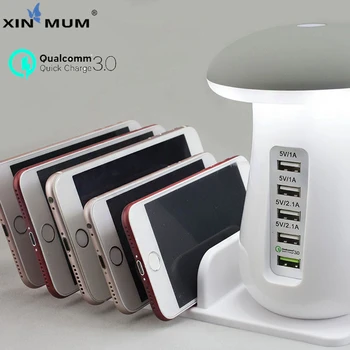 

XIN-MUM QC3.0 Quick Charge Fast Charging Adapter for iPhone Samsung Xiaomi Huawei etc LED Light 6 Ports USB Mushroom Table Lamp