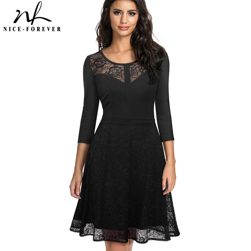 

Nice-forever Vintage Embroidery Flower Lace vestidos Sexy Hollow O-Neck A-Line Pinup Business Women Flare Dress A072
