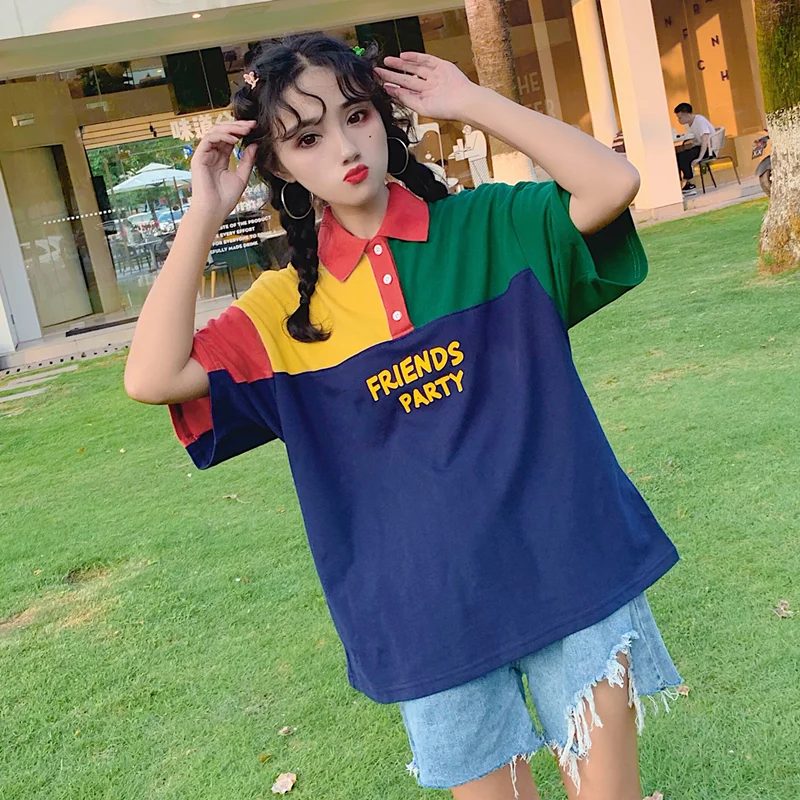 

Button Turndown Harajuku Streetwear Patchwork Block Color Letter Print Loose Tee Top T Shirt Korean Graphic Casual Women T-shirt