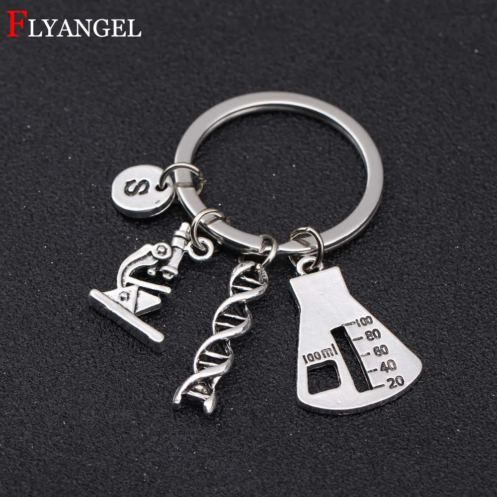 

Custom A-Z Initials Letter Biological Genetics Microscope Double Helix DNA Chemical Beaker Charms Keyring For Men Women Keychain