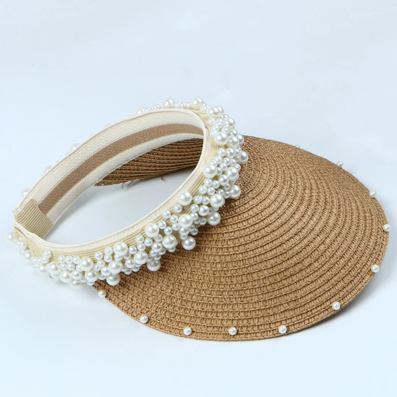 Sun Hat Women Summer Straw Visor Pearl Casual Beach Wide Brim Holiday Outdoor Cap Accessory (4)