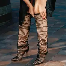 Новейшие Модные прозрачные женские сапоги до колена из ПВХ, пикантные женские сапоги на высоком каблуке с острым носком без шнуровки, рыцарские сапоги с черной шнуровкой