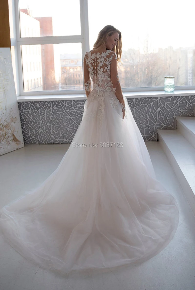 US $98.00 Romantic Pink Tulle Long Sleeves Wedding Dresses 2021 Beading Lace Appliques Scoop Backless Bridal Wedding Gowns Robe De Mariée