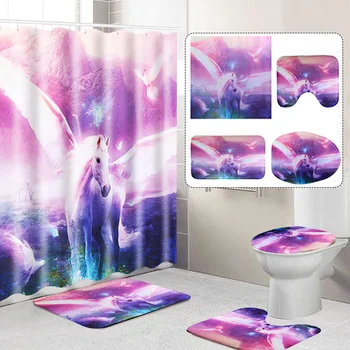 

Unicorns Pink Shower Curtain Bath Pad Pedestal Rug Lid Toilet Mat Cover Bathroom Modern Decor Bath Accessory Sets