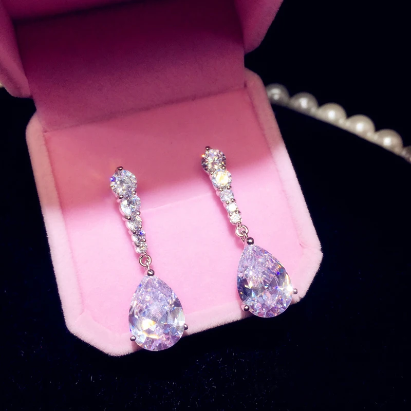 

Luxury Female Crystal Water Drop Earrings 925 Sterling Silver White Stone Earrings Boho Wedding Jewelry Long Dangle Earrings