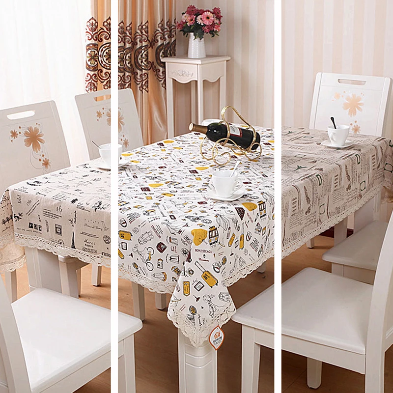 

European Style Table Cloth with Lace Trim Cotton Linen Blending Fabric Table Cover Tablecloth for Wedding Christmas Picnic