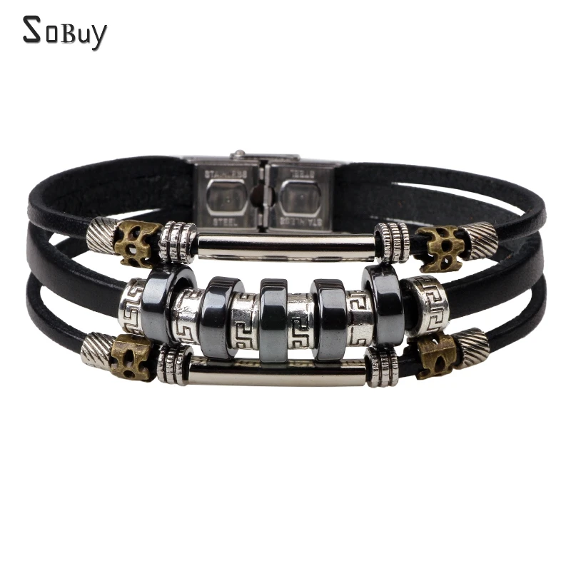 

2018 New Fashion Design Stainless Steel Charm Beads Bracelets Vintage Diy Leather Bracelets For Men Women Jewelry