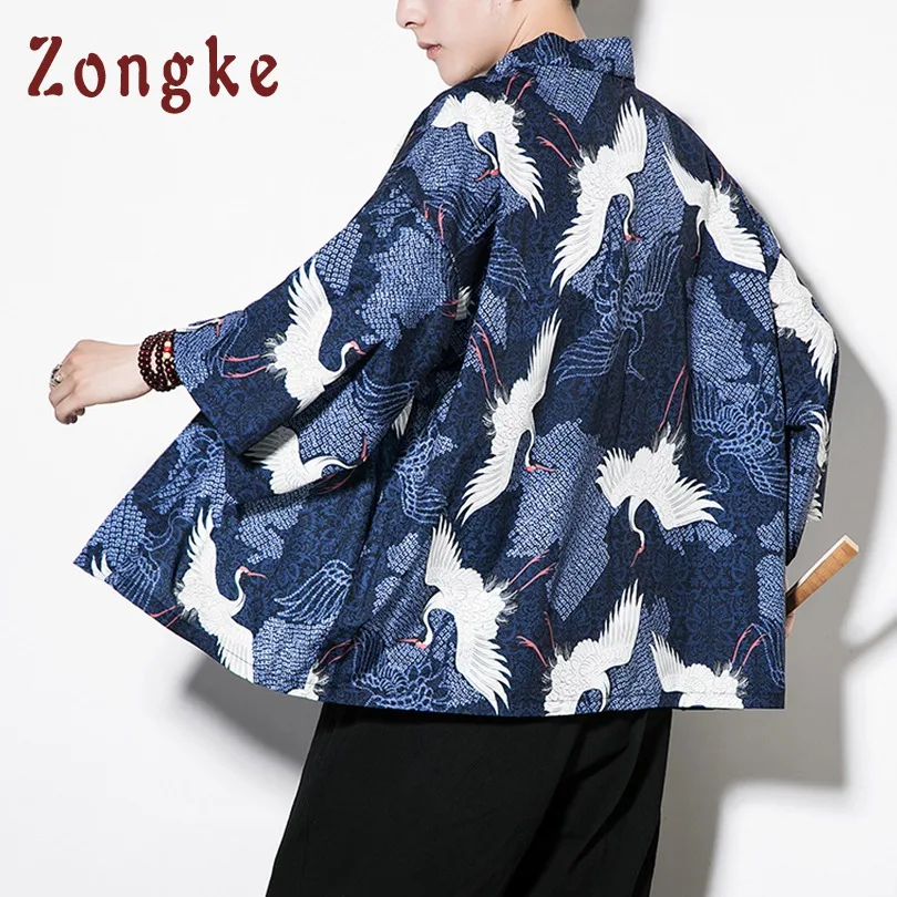 Zongke китайский Стиль кимоно, кардиган, Для мужчин кран печатных черный кимоно, кардиган, Для мужчин Повседневное кимоно куртка Для мужчин лето