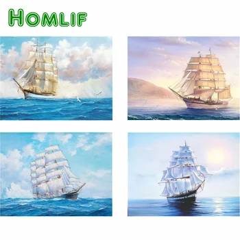 

HOMLIF 5D DIY diamond mosaic painting sailboat At sea beads cross stitch kits diamond embroidery ship picture of rhinestones