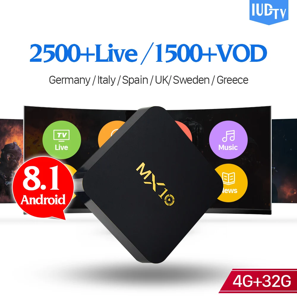 IPTV Box Android 8.1 IUDTV MX10 4G 32G IPTV Subscription Code WiFi 4K H.265 Decoder UK Germany Turkish Spain 1 Year IPTV Europe