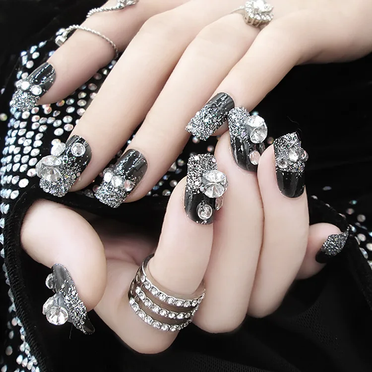 24 pcs Black sparkling glitter diamond stickers bent nails decoration