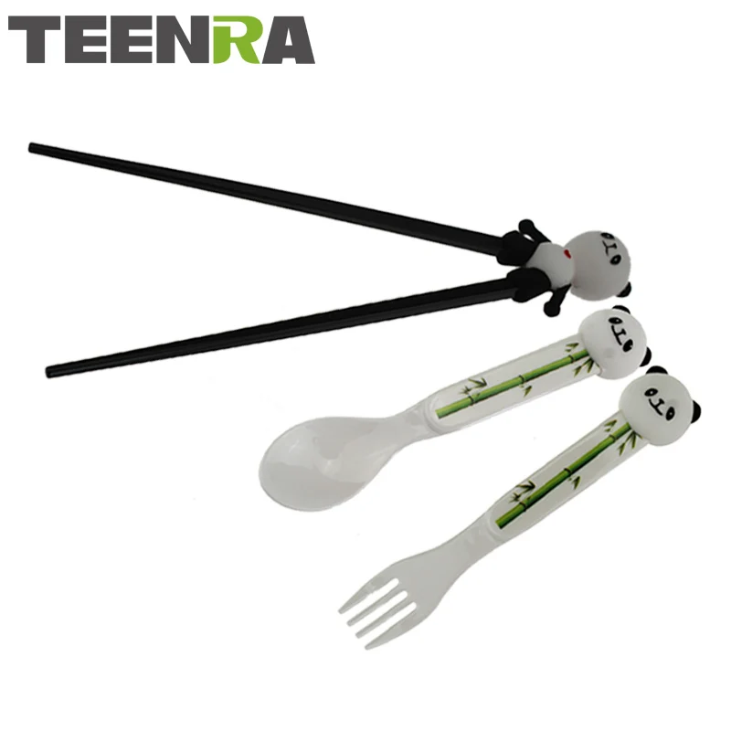 

TEENRA 3Pcs/set Cute Training Chopstick Set Panda Chopstick Spoon Fork Chinese Tableware Set Chopstick Set Kitchen Tools