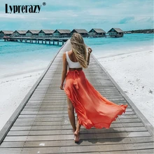 Lyprerazy, женская летняя элегантная пляжная юбка, высокая талия, асимметричная, с оборками, шифоновая, сплошная, оранжевая, богемная, длинная юбка