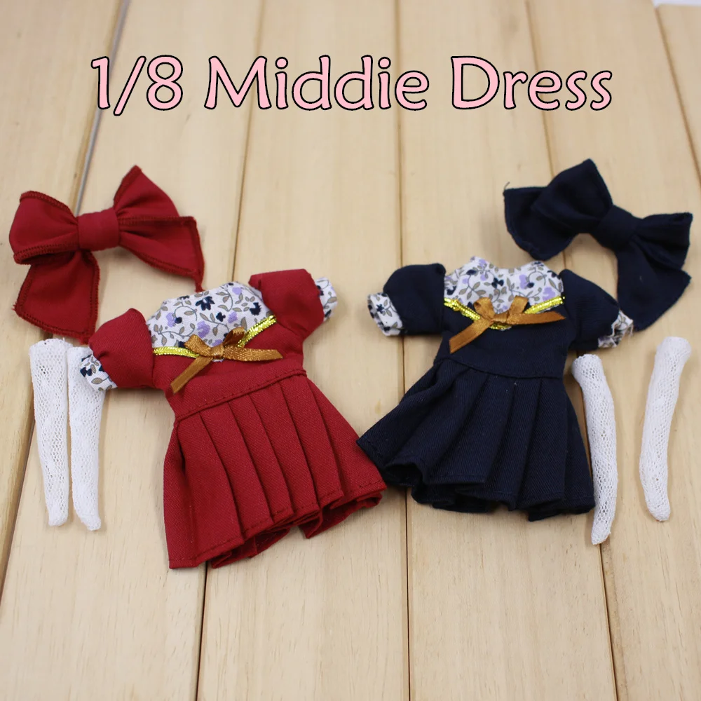 

1/8 Middle Factory Blyth doll red dress and deep blue dress with hairpin and socks suit for 20cm BJD