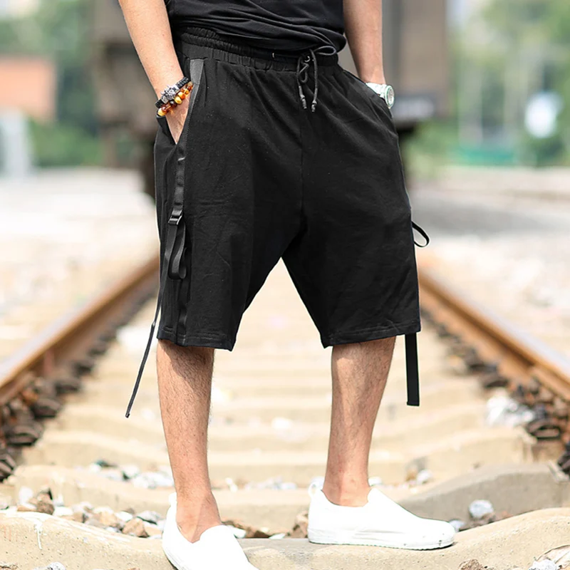 Мужские летние пляжные шорты с эластичной талией, повседневные Черные хлопковые мужские свободные однотонные шорты нового дизайна с украшением из ленты, европейский стиль