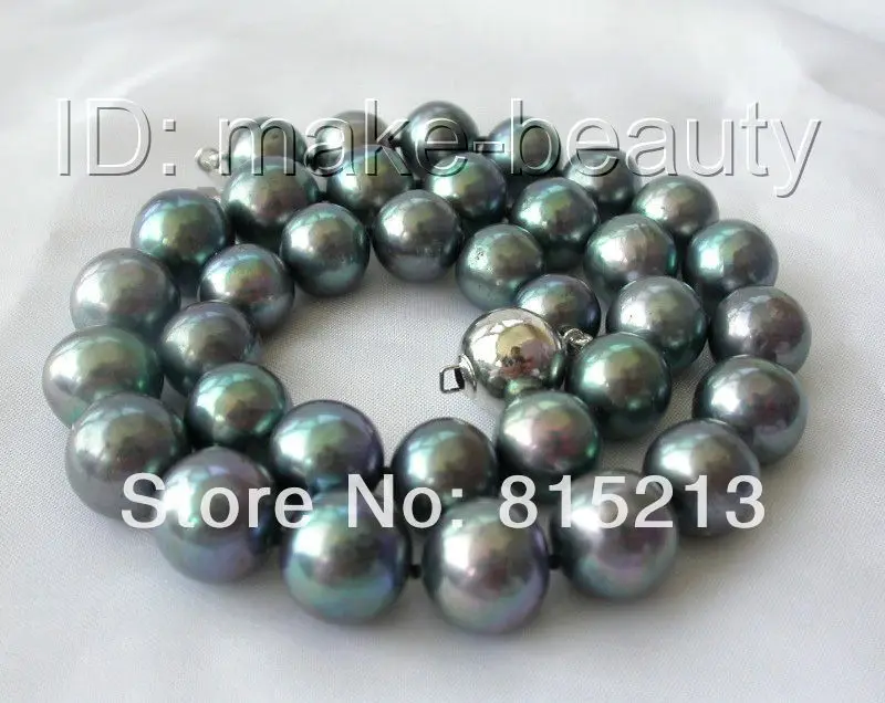 

ddh001257 stunning big 12-13mm perfect round black freshwater pearl necklace silver