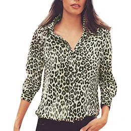 Женские рубашки, Новое поступление, женская летняя футболка с длинным рукавом и леопардовым принтом, женская футболка с отложным воротником, 3 цвета, футболки - Цвет: women shirt Green