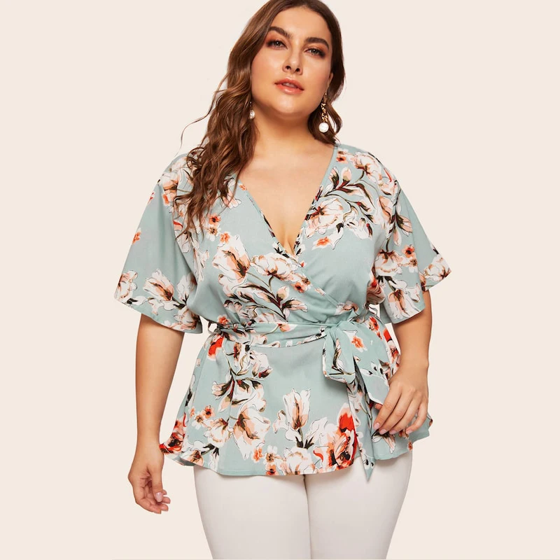 Sheinside размера плюс Повседневная Цветочная женская блузка с v-образным вырезом летняя блуза с поясом с рукавом три четверти