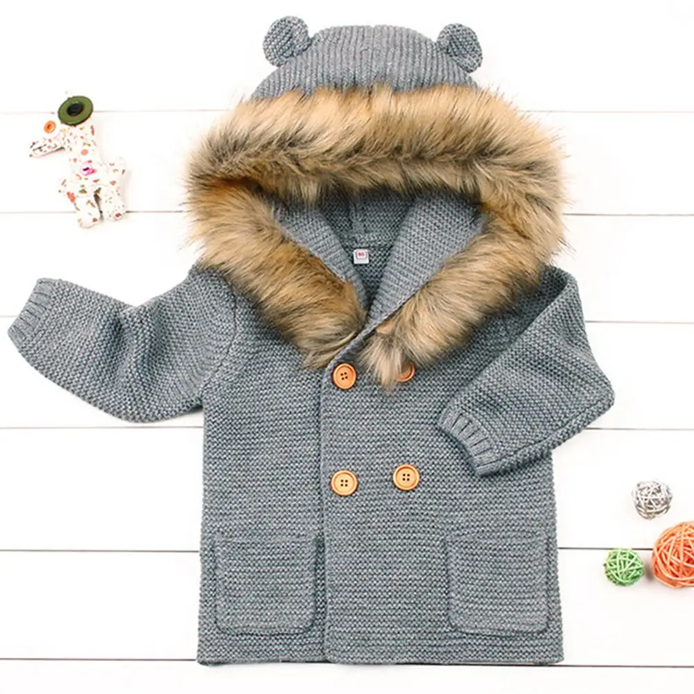 

Winter Warm Newborn Baby Sweater Fur Hood Detachable Grey Infant Boys Girl Knitted Cardigan Fall Outwear Children Knitwear 0-24M