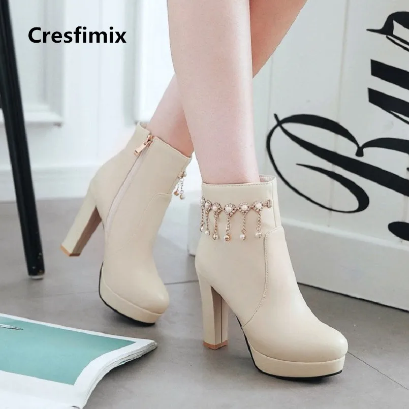 

women fashion comfortable beige pu leather high heel mid calf martin boots lady casual stylish crystal shoes autumn boots e2333