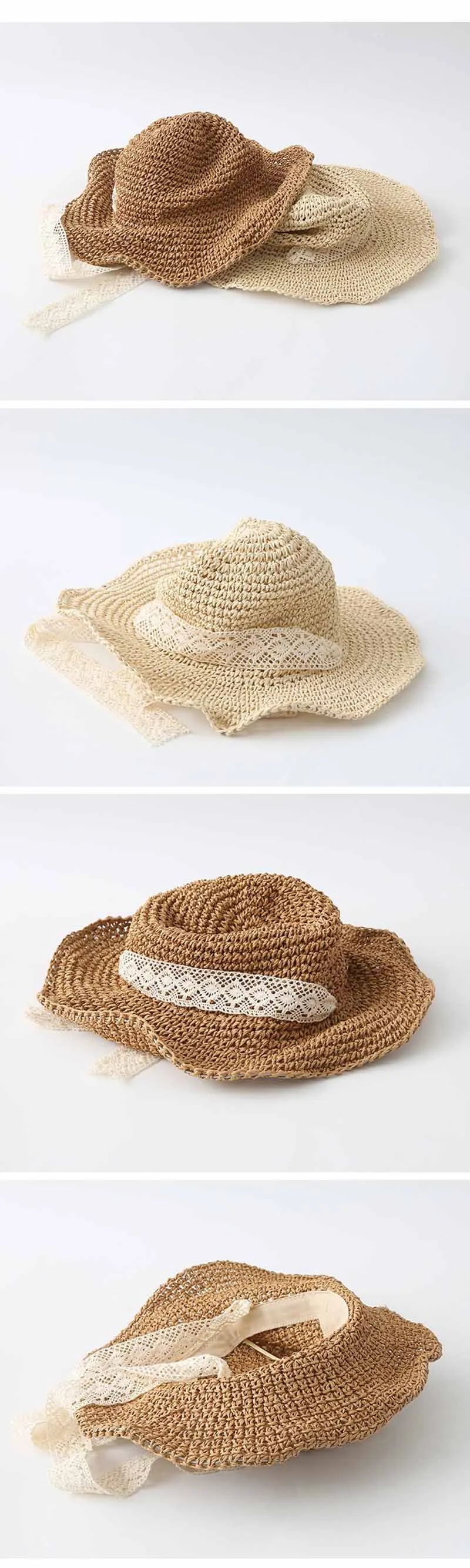 Fashion Women Lace Ribbon Bow Foldable Straw Hat Ladies Wide Brim Floppy Cap Summer Girls Travel Beach Boater Hats CP0262  (1)
