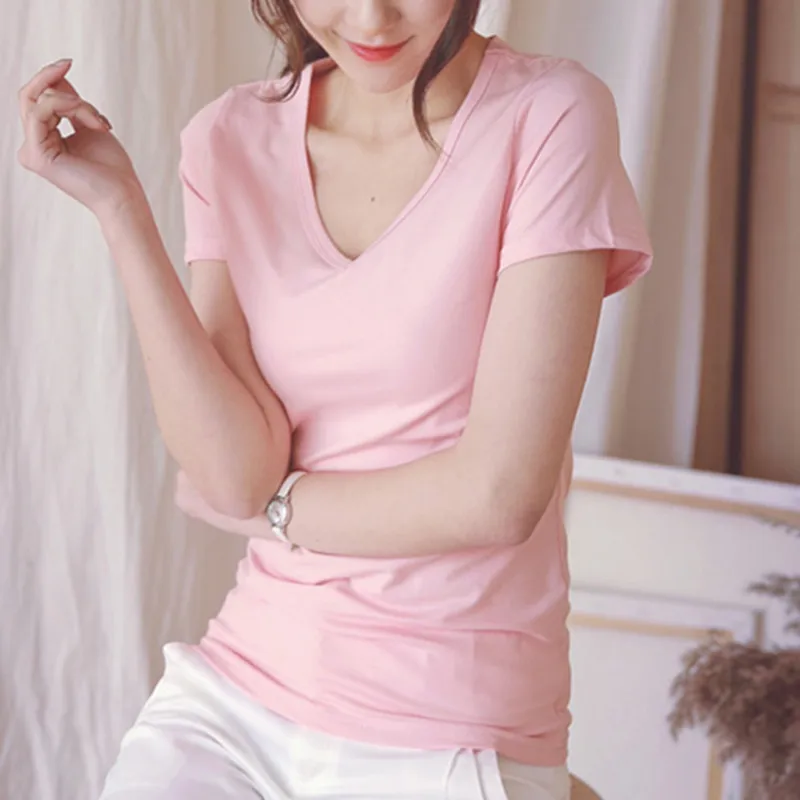 

Women T Shirt High Quality Candy Color Cotton Basic T-shirt Women Plain Simple T Shirt for Women Female Tops Plus Size Tshirt