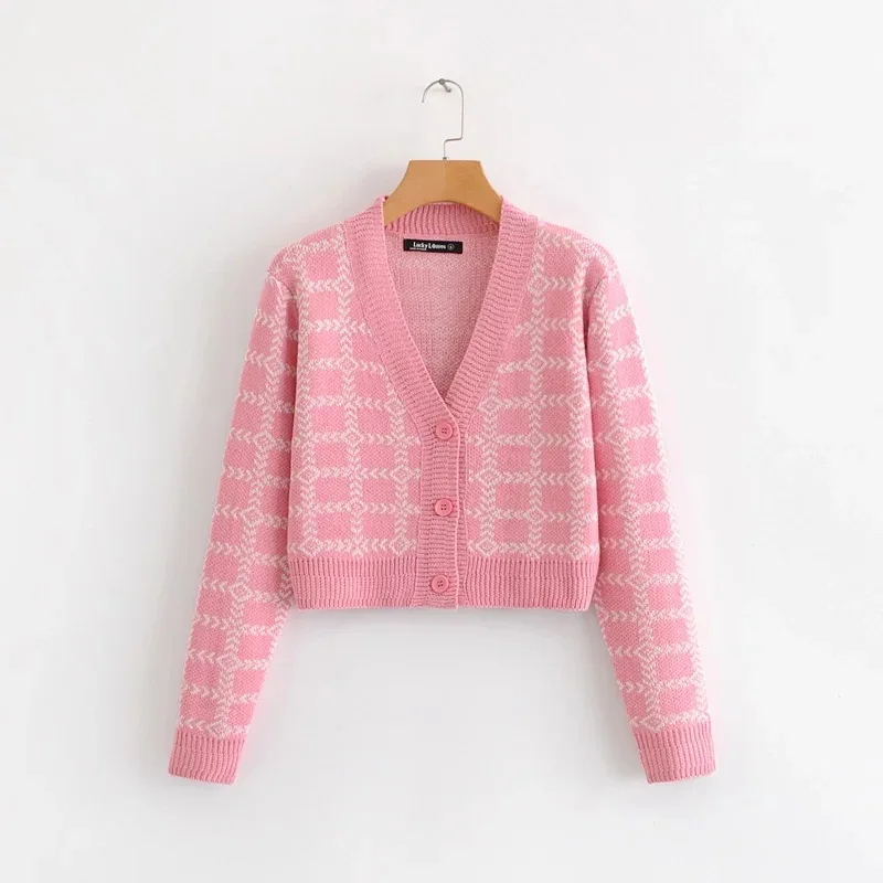 

Fashion women D0907U4 autumn new Europe and the United States pink plaid cardigan sweater # 1729