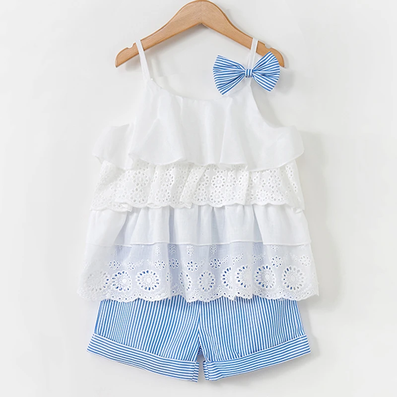 Keelorn/комплекты одежды для девочек, новая летняя однотонная шифоновая майка с бантом для девочек, топ+ синие шорты, комплект из 2 предметов, одежда для девочек 3-7 лет - Цвет: az1758 white