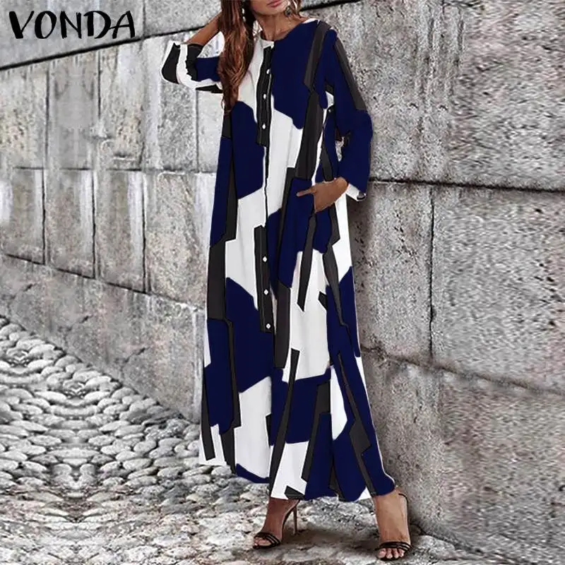 

Bohemian Women Maxi Long Dress 2019 VONDA Summer O Neck Long Sleeve Pattern Print Dresses Casual Loose Party Vestidos Plus Size
