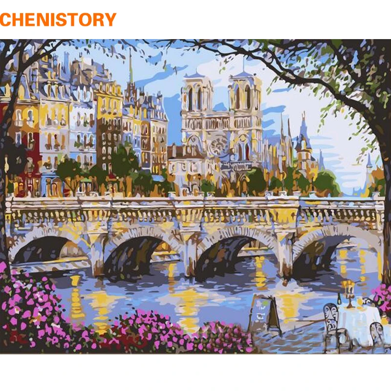 

CHENISTORY Frameless City Bridge DIY Painting By Numbers Modern Home Wall Art Picture Hand Painted Oil Painting For Home Decor