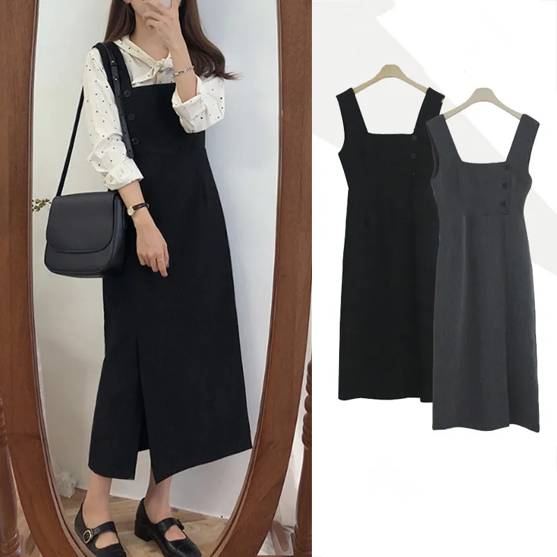 

2019 early autumn new retro preppy style big swing high waist sweet girl strap a-line split dress women