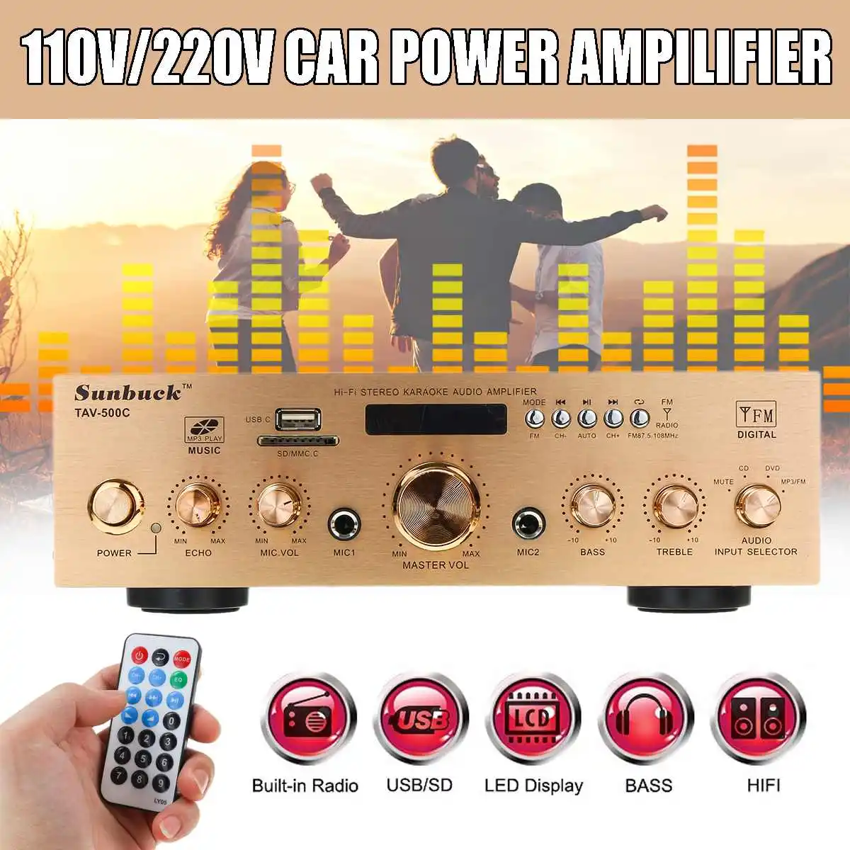 

1200W Amplifier HIFI Audio Stereo DC bluetooth MP3/FM Radio Audio Power Amplifier USB SD 2* Mic input for Car Home Truck KTV