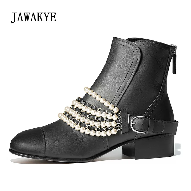 

2018 Chic Ankle Boots Women Round Toe Pearl Chain Metal Decor Low Heel Boots Woman Fashion Martin Boots